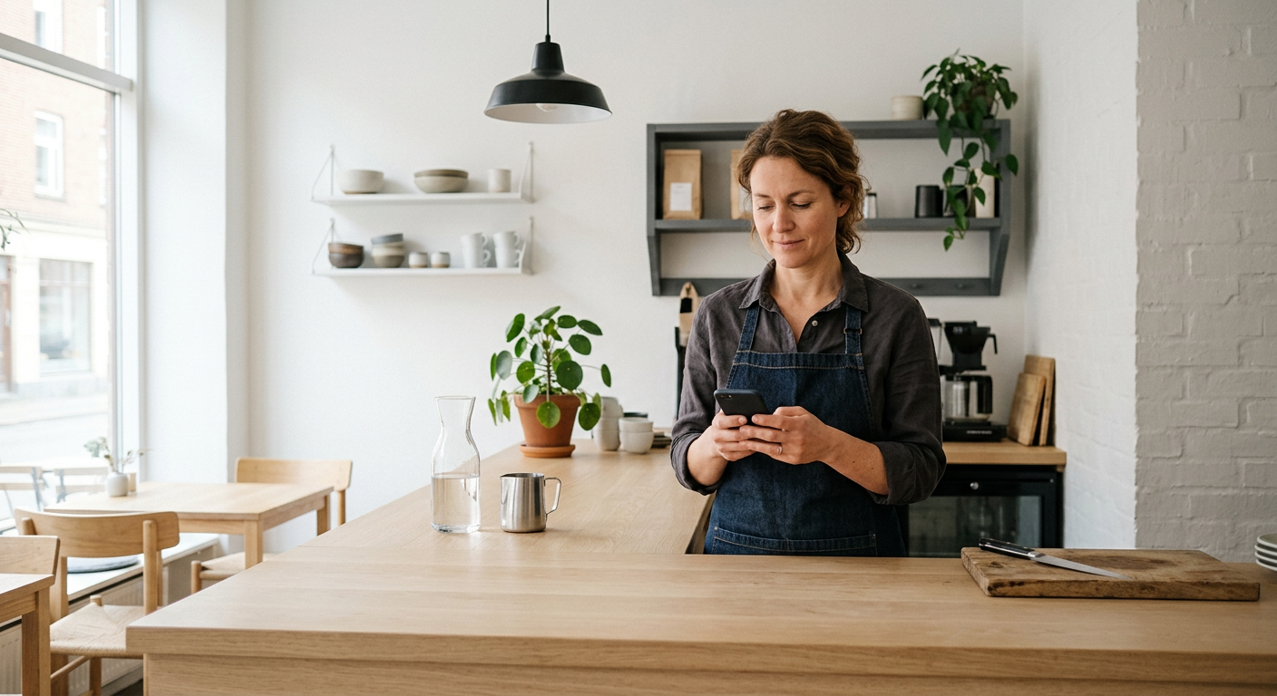 A café owner in Lund checking her phone behind the counter of her shop
