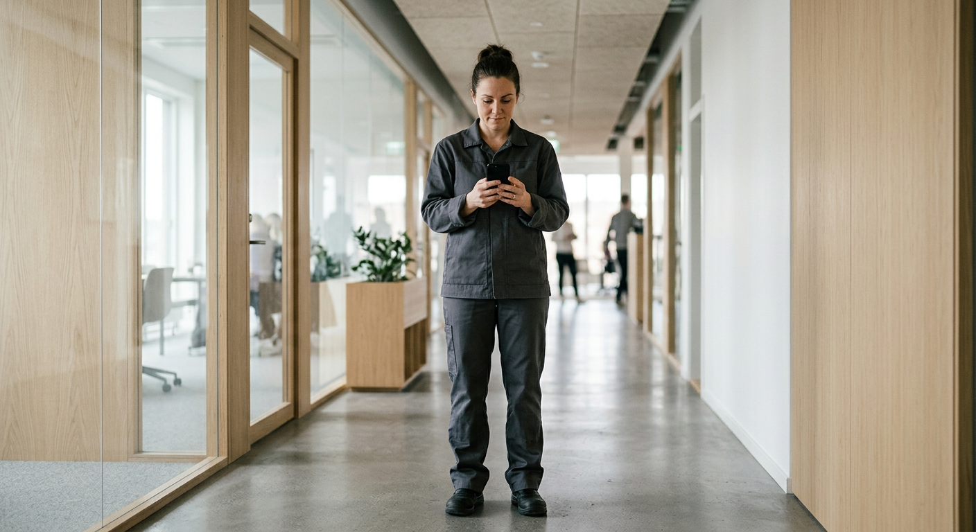 A cleaner in workwear reading a new job notification on her phone